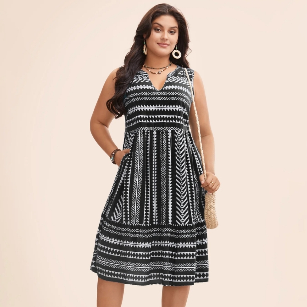Aztec Striped Geometric Pocket Ruffle Hem Sleeveless Tank Dress 18/20 Bloomchic